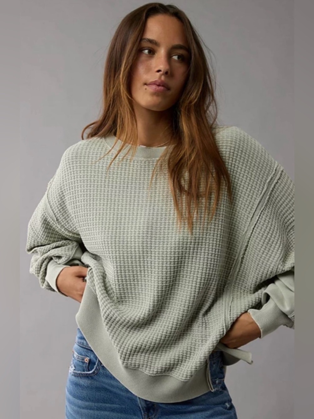 American Eagle Oversized Waffle Knit Sweatshirt Mint Green, size XS, like new!